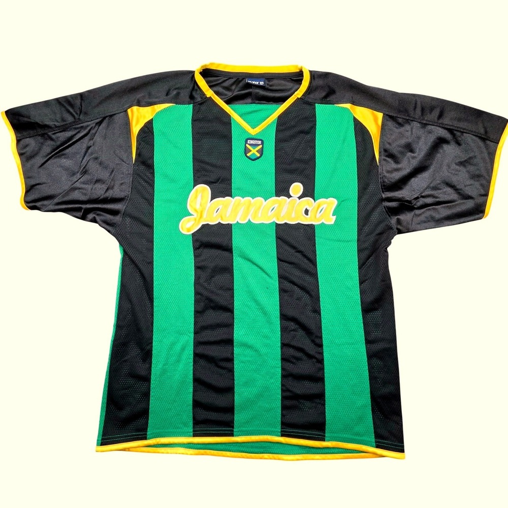 Delf Jamaica Kingston Soccer Jersey Mens Medium Green Black Striped Mesh Shirt